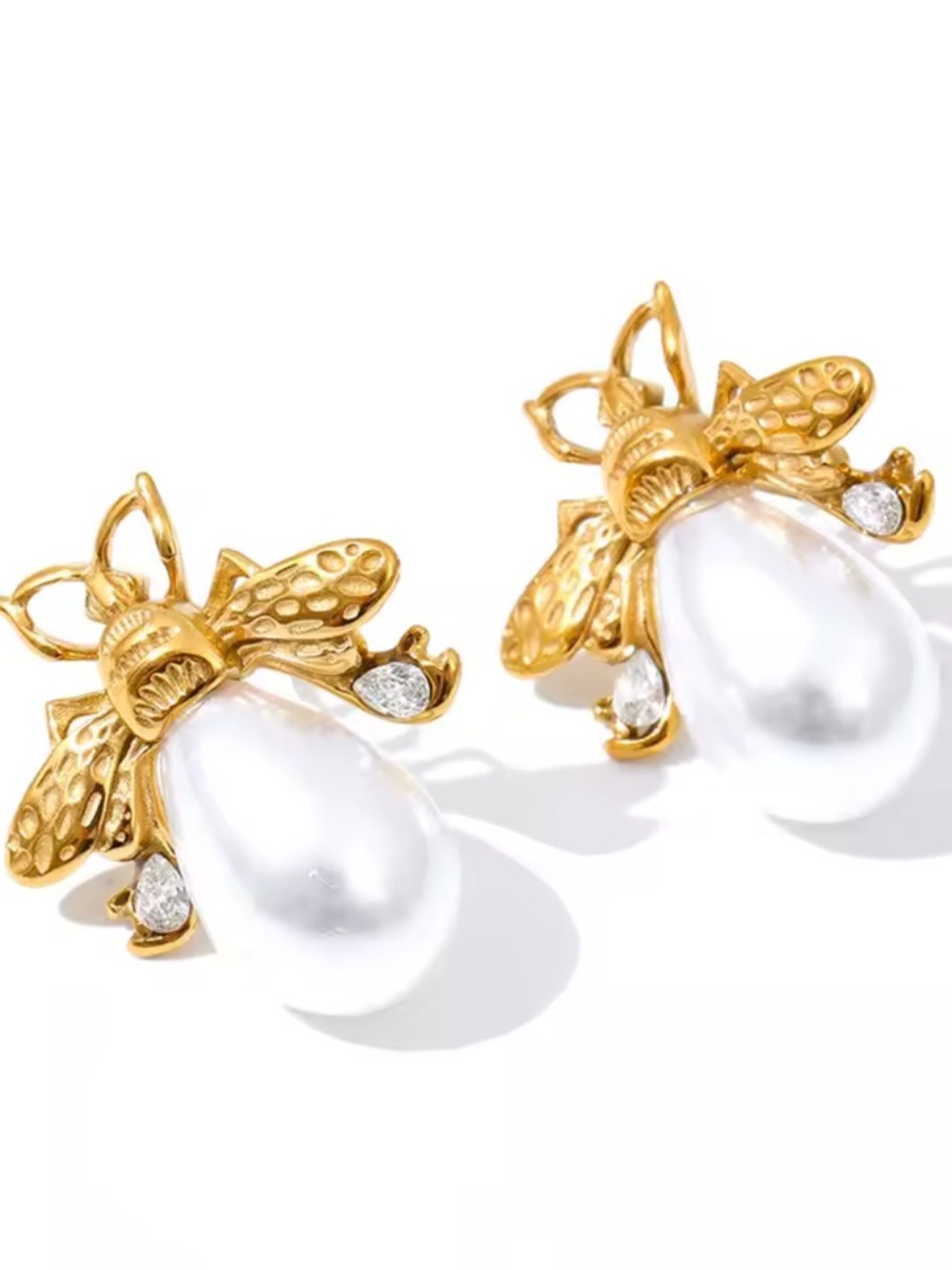 Gold Bee Pearl Drop Earrings